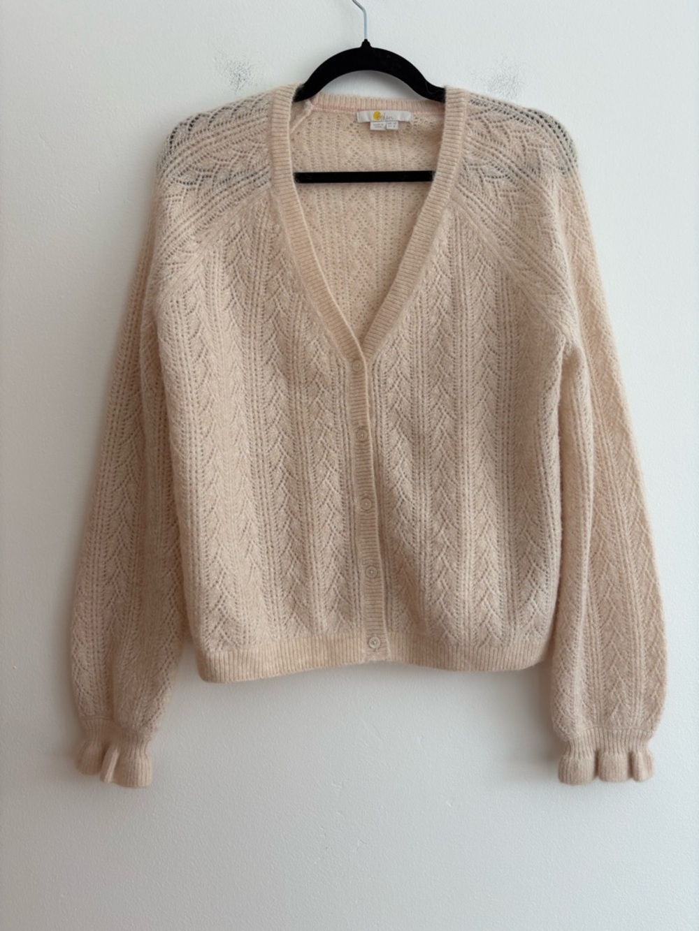 Boden Wool Mohair Blend Fluffy Pointelle Cardigan Ruffle Sleeve V Neck Cream 6 - Picture 3 of 10
